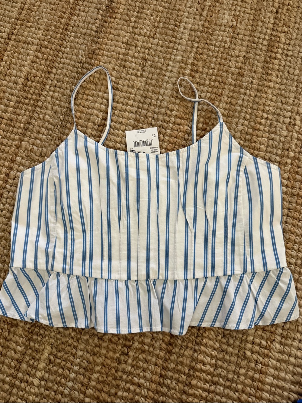 American Eagle Outfitters White Cami with Blue Stripes & Ruffle Hem